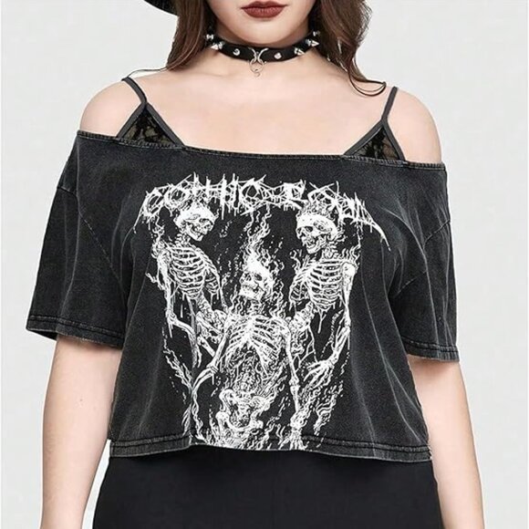 SOLY HUX Faded Black Plus Size Y2K Gothic Graphic Cold Shoulder Crop Top - Picture 3 of 4